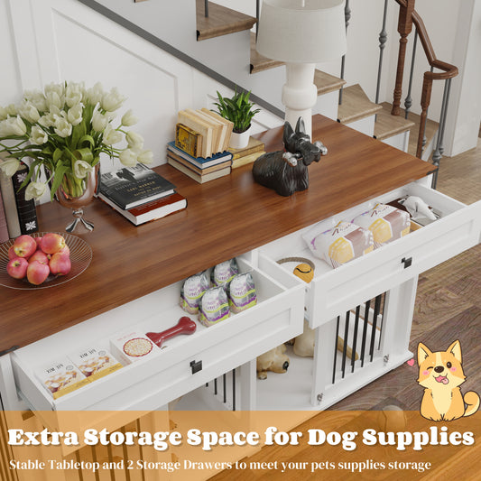 63'' Large Dog Crate Furniture For Double Dog, Wooden Dog Kennel With 2 Drawers,Divider And Sliding Door, Water Resistant Indoor Pets Furniture Style Double Dog Crates